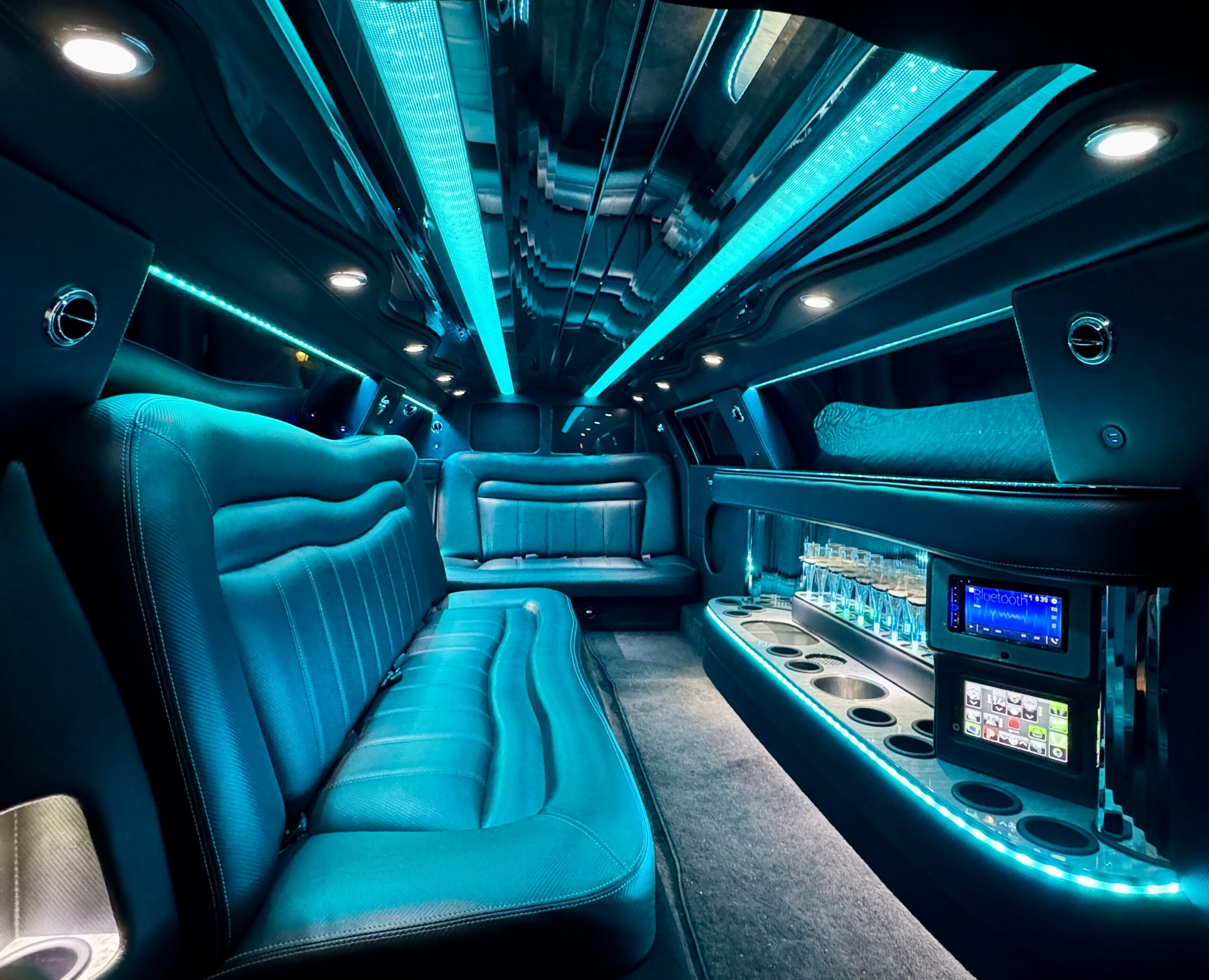 Black Stretch Limousine interior seating and bar New Jersey — Knight Riders Limo