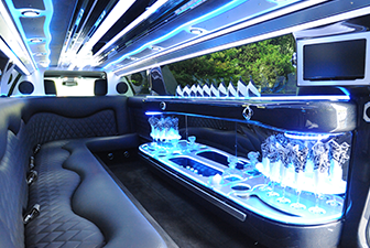 White Stretch Limousine interior seating and bar New Jersey — Knight Riders Limo
